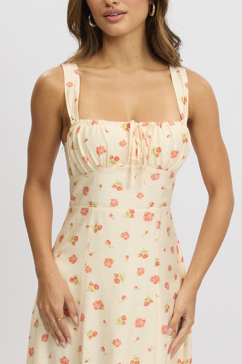 Pink Floral Midi Dress Gathered Bust
