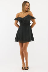 Black Mini Dress Ruffle Detail Chiffon
