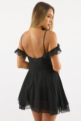 Black Mini Dress Ruffle Detail Chiffon