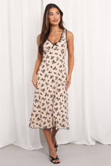 Beige Floral Midi Dress Mesh