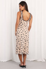 Beige Floral Midi Dress Mesh