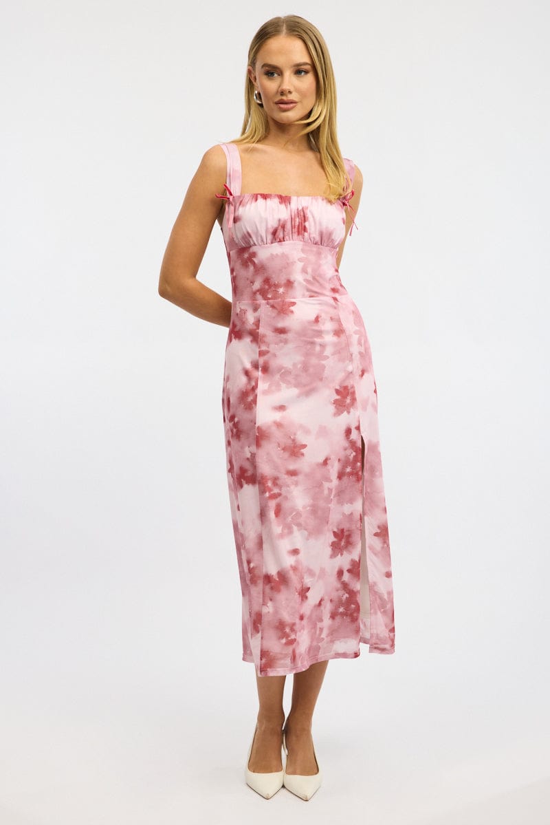 Pink Floral Midi Dress Gathered Bust Mesh