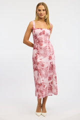 Pink Floral Midi Dress Gathered Bust Mesh