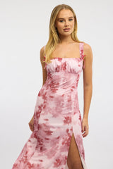 Pink Floral Midi Dress Gathered Bust Mesh