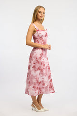 Pink Floral Midi Dress Gathered Bust Mesh