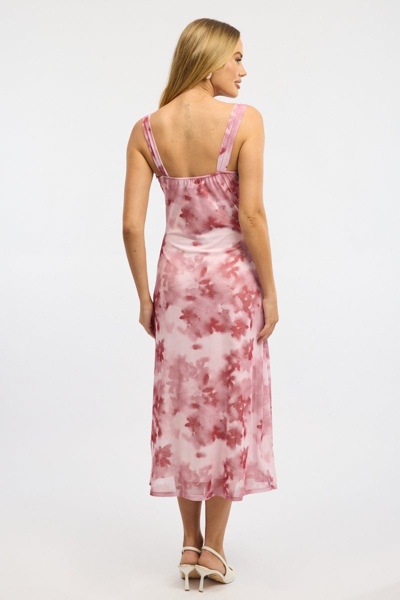 Pink Floral Midi Dress Gathered Bust Mesh