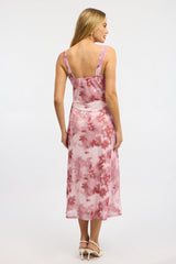 Pink Floral Midi Dress Gathered Bust Mesh