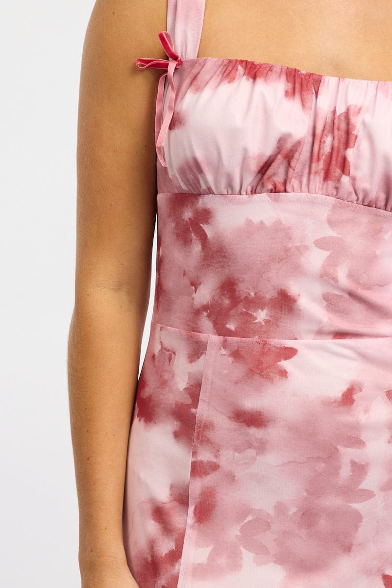 Pink Floral Midi Dress Gathered Bust Mesh