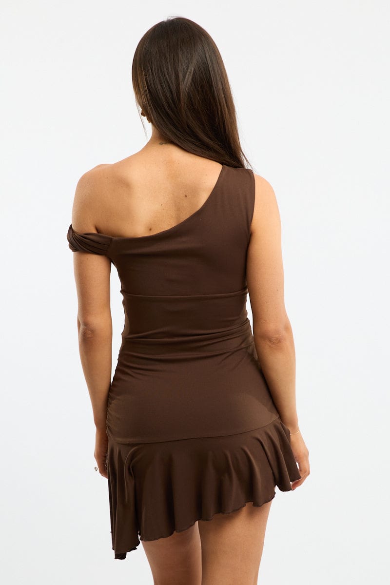 Brown Asymmetric Mini Dress