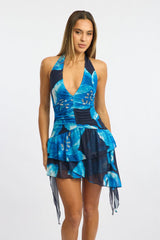 Blue Floral Mini Dress Halter Neck Mesh
