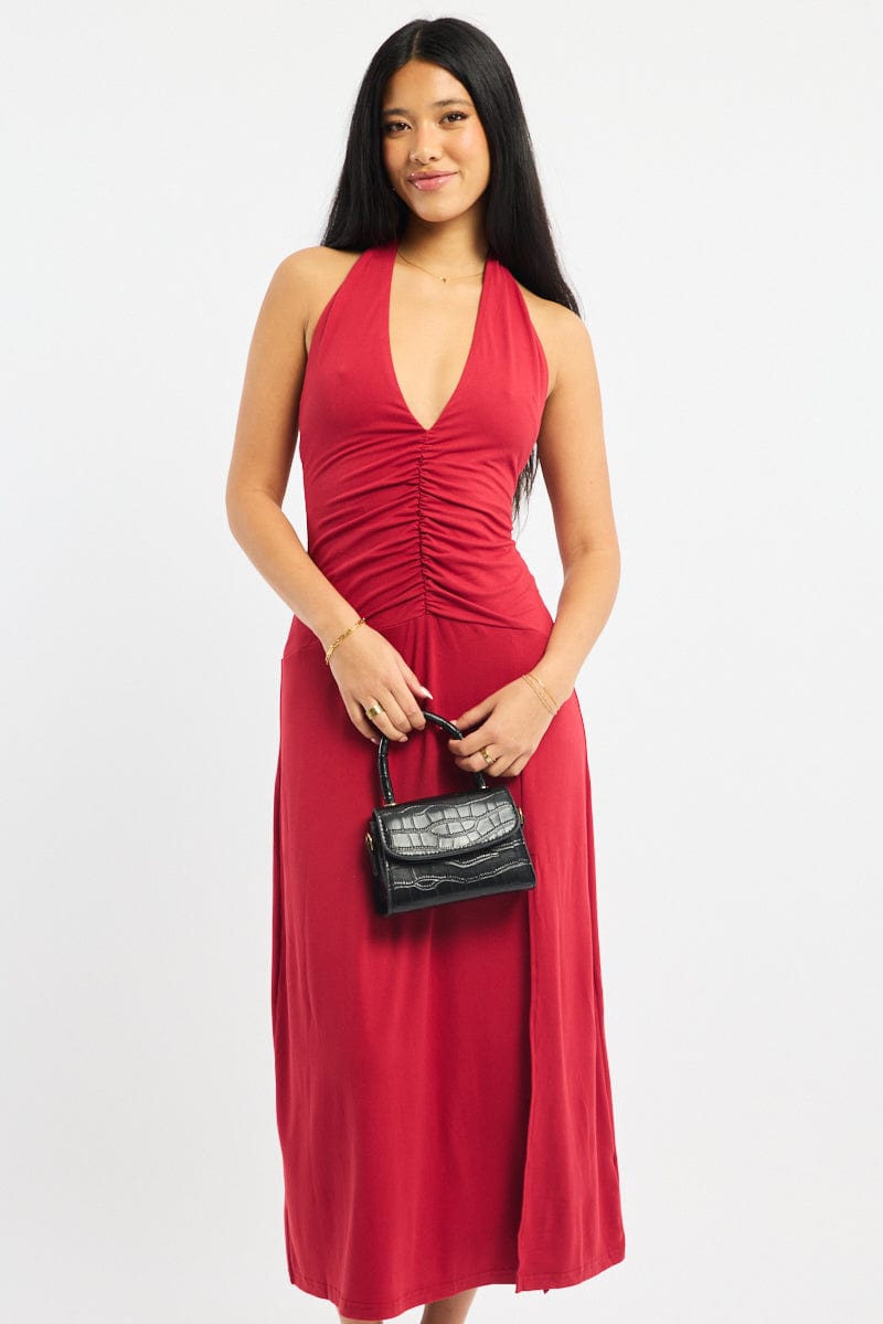 Red Halter Neck Midi Dress