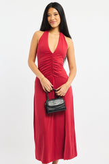 Red Halter Neck Midi Dress