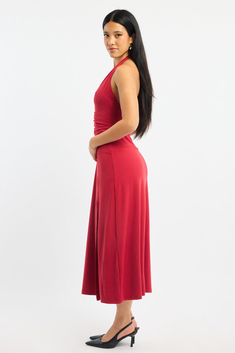 Red Halter Neck Midi Dress