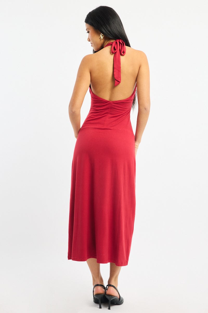 Red Halter Neck Midi Dress