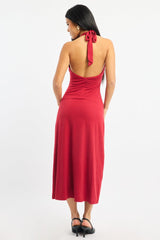 Red Halter Neck Midi Dress
