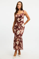Black Floral Midi Dress Hem Frill