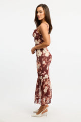 Black Floral Midi Dress Hem Frill