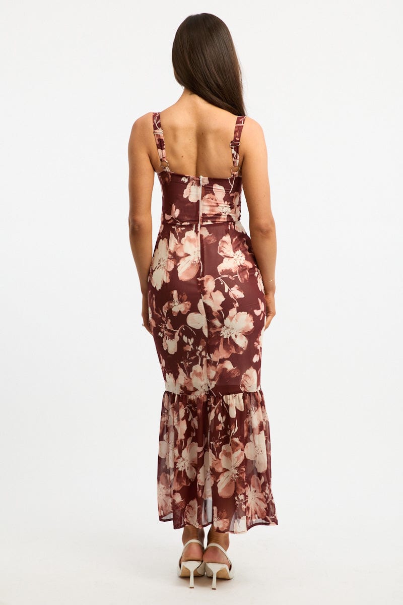 Black Floral Midi Dress Hem Frill