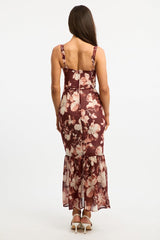 Black Floral Midi Dress Hem Frill