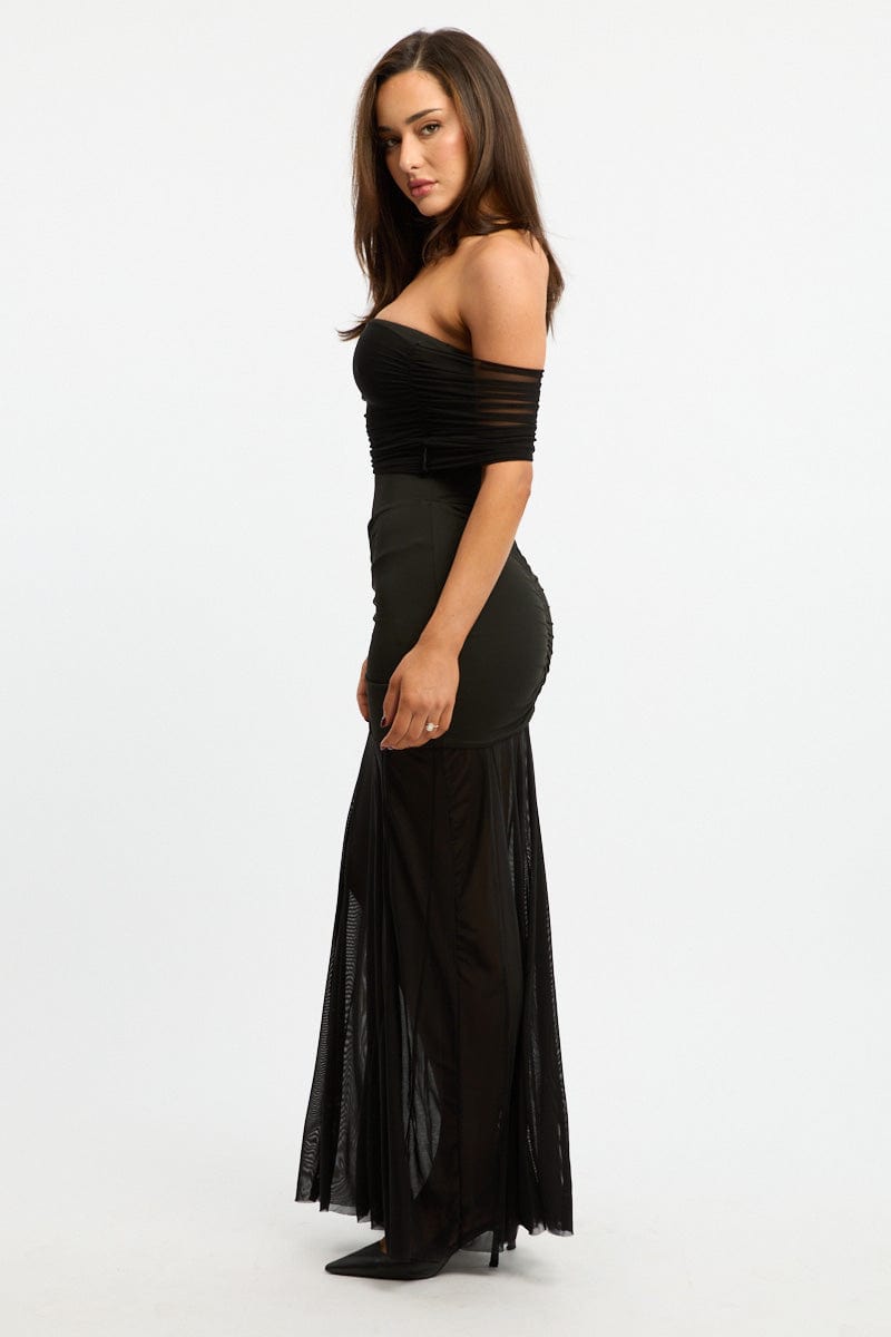 Black Off Shoulder Maxi Dress Mesh