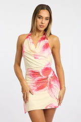 Yellow Floral Mini Dress Cowl Neck