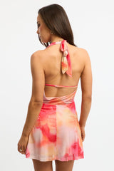 Pink Abstract Cowl Neck Mini Dress Mesh