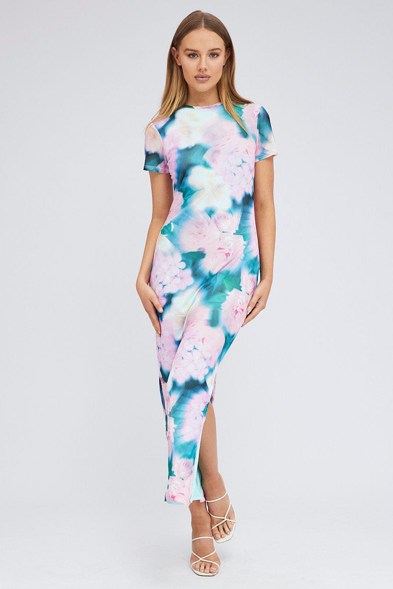 Pink Abstract Maxi Dress Short Sleeve Crew Neck Bodycon Mesh