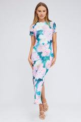 Pink Abstract Maxi Dress Short Sleeve Crew Neck Bodycon Mesh