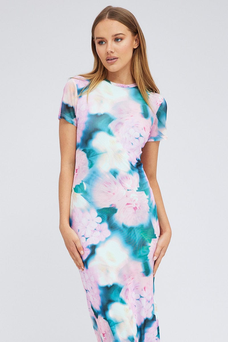 Pink Abstract Maxi Dress Short Sleeve Crew Neck Bodycon Mesh