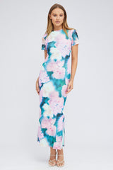 Pink Abstract Maxi Dress Short Sleeve Crew Neck Bodycon Mesh