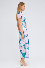 Pink Abstract Maxi Dress Short Sleeve Crew Neck Bodycon Mesh