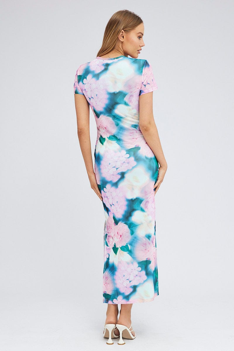 Pink Abstract Maxi Dress Short Sleeve Crew Neck Bodycon Mesh