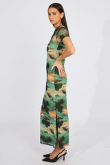 Green Abstract Maxi Dress Short Sleeve Bodycon Mesh
