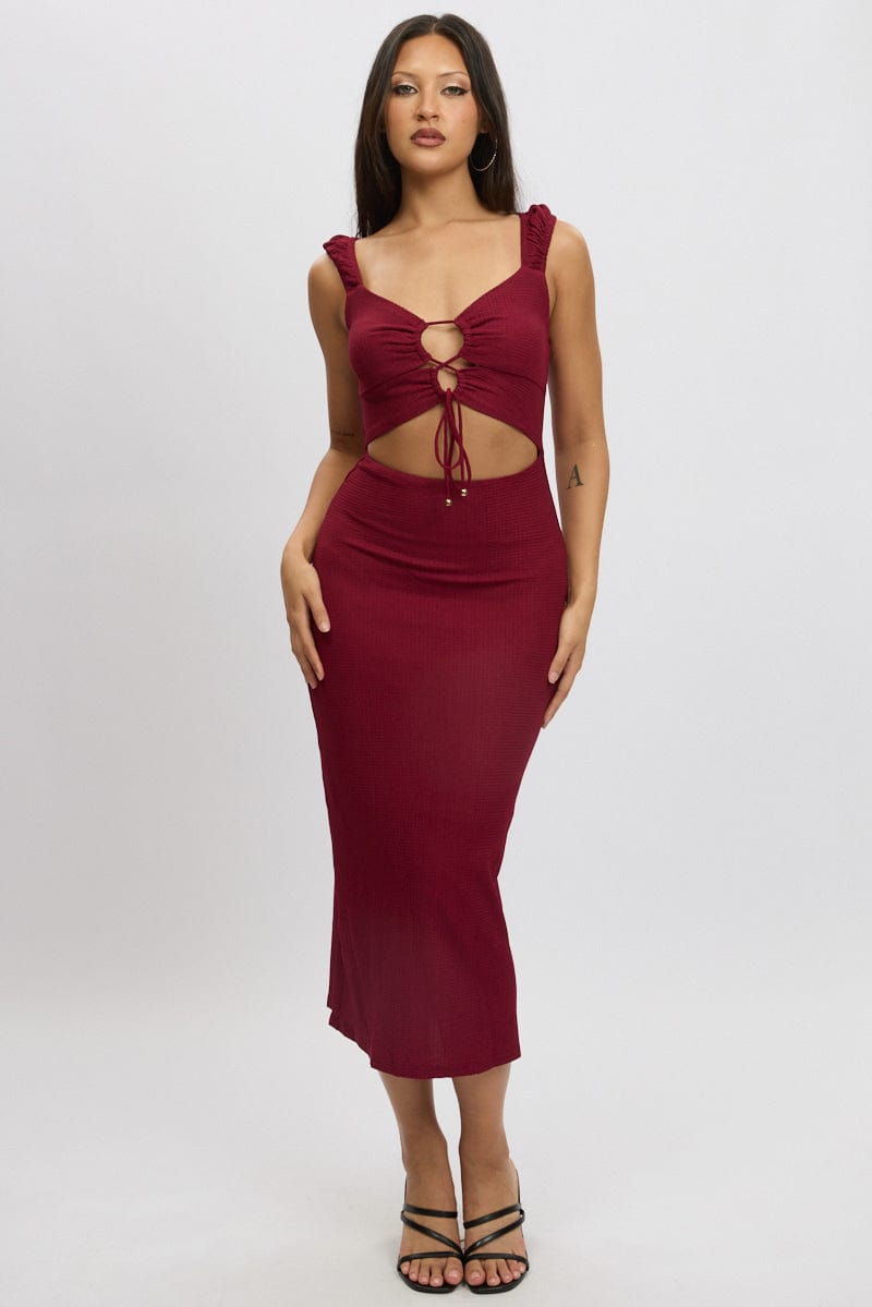 Red Bodycon Dress Textured Midi