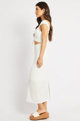 White Bodycon Dress Textured Midi