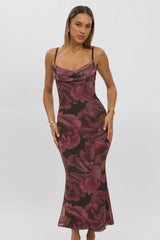 Pink Floral Bodycon Dress Singlet Cowl Neck Maxi