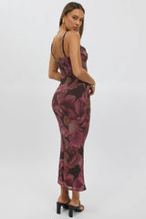 Pink Floral Bodycon Dress Singlet Cowl Neck Maxi