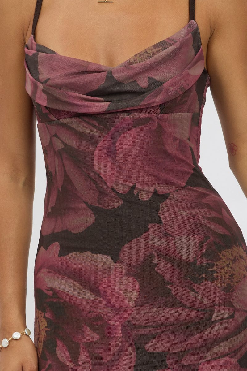 Pink Floral Bodycon Dress Singlet Cowl Neck Maxi