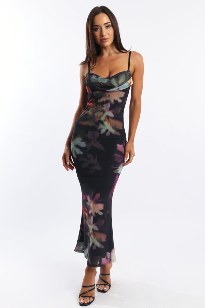 Black Floral Bodycon Dress Singlet Cowl Neck Maxi