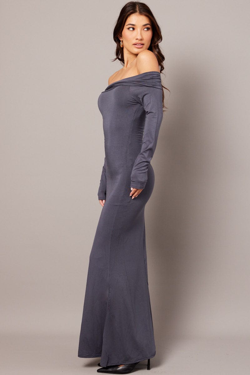 Grey Off Shoulder Dress Long Sleeve Maxi