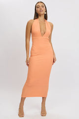 Orange Bodycon Dress Halter Neck Texured