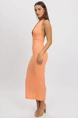 Orange Bodycon Dress Halter Neck Texured
