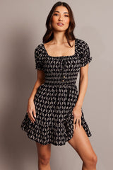 Black Geo Fit And Flare Dress Mini