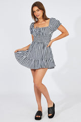 Black Check Fit And Flare Dress Puff Sleeve Mini