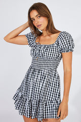 Black Check Fit And Flare Dress Puff Sleeve Mini