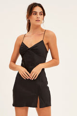 Black Mini Dress Bodycon Twist Front Satin