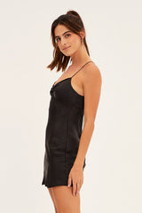 Black Mini Dress Bodycon Twist Front Satin