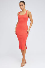 Orange Midi Dress Bodycon Round Neck Ribbed Knit