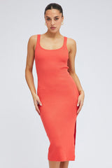 Orange Midi Dress Bodycon Round Neck Ribbed Knit