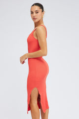 Orange Midi Dress Bodycon Round Neck Ribbed Knit